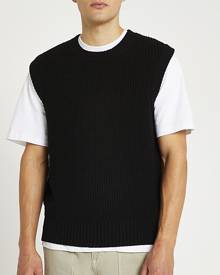 Black slim fit crew neck knitted vest