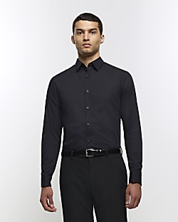 Black slim fit double cuff long sleeve shirt