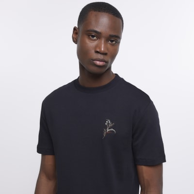 Black slim fit embroidered floral tshirt River Island