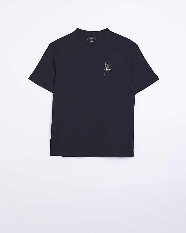 Black slim fit embroidered floral t-shirt