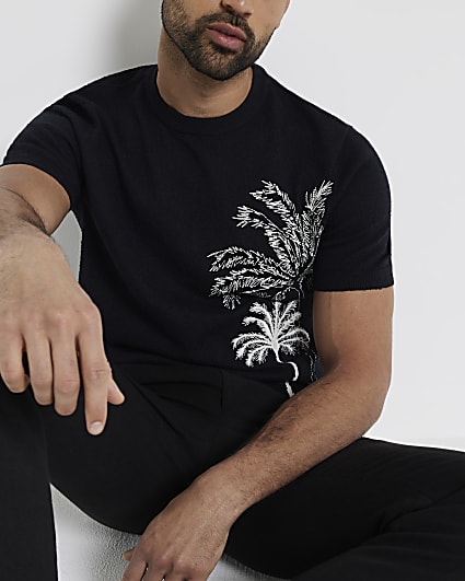 Black slim fit embroidered palm tree t-shirt