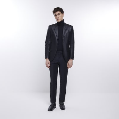 Black slim fit faux leather suit jacket | River Island