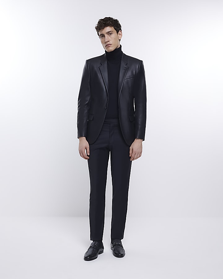 Black slim fit faux leather suit jacket