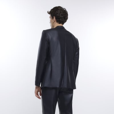 Black slim fit faux leather suit jacket River Island
