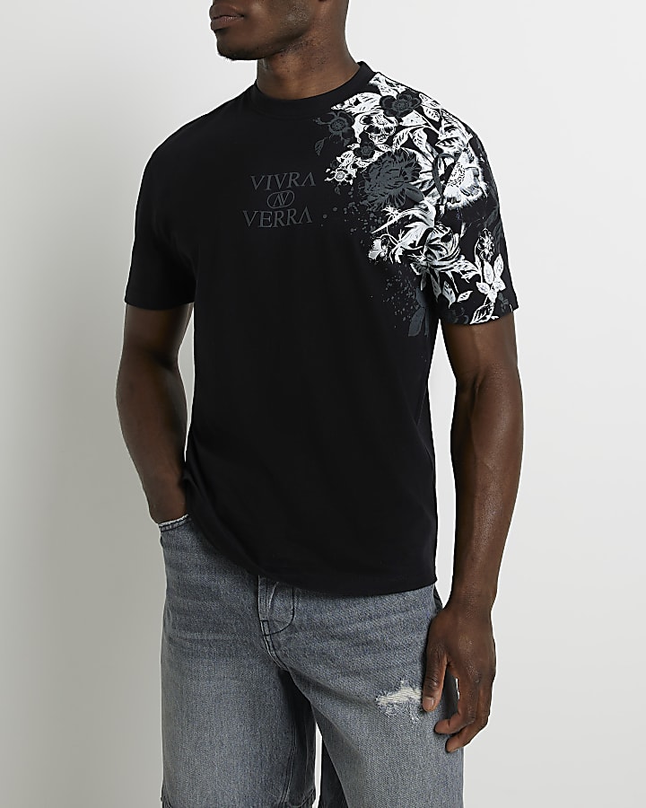 Black slim fit floral graphic t-shirt