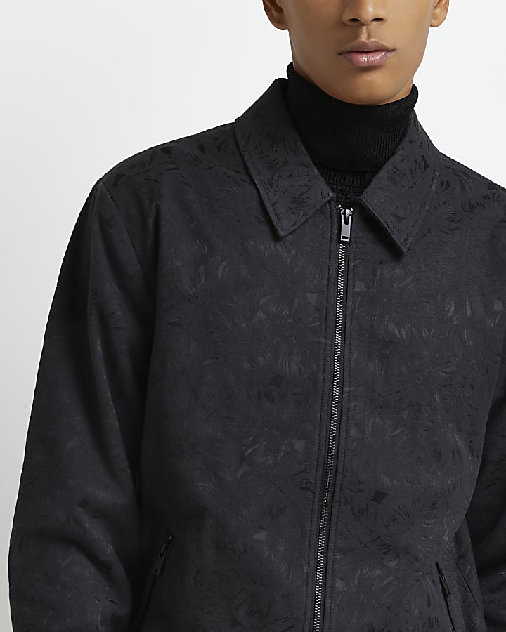 Black slim fit floral harrington jacket