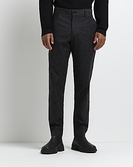 Black slim fit floral jacquard print trousers