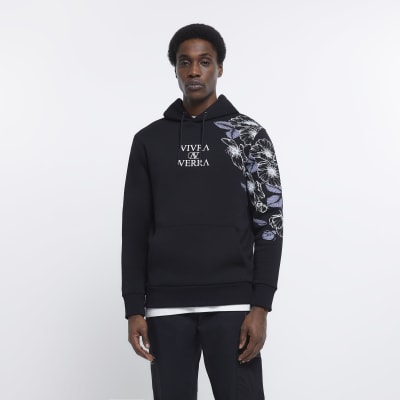 Black slim fit floral print hoodie