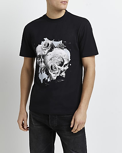 Black slim fit floral skull graphic t-shirt