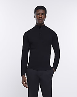 Black Slim fit Half Zip Knitted jumper