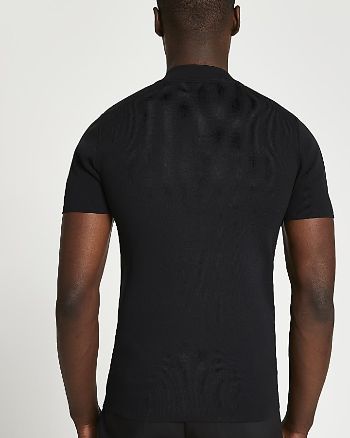 Black slim fit half zip smart knit t-shirt