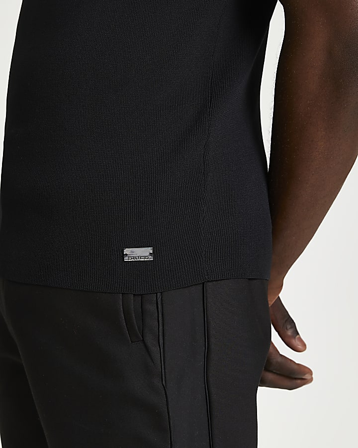 Black slim fit half zip smart knit t-shirt