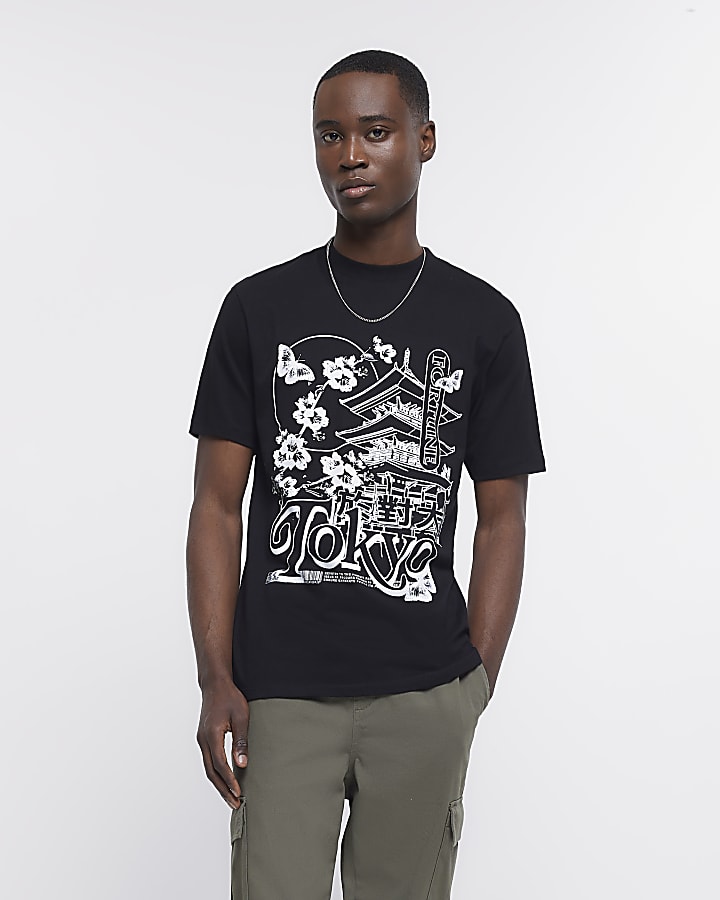 Black slim fit Japanese graphic t-shirt