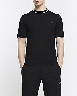Black slim fit knitted embroidered t-shirt