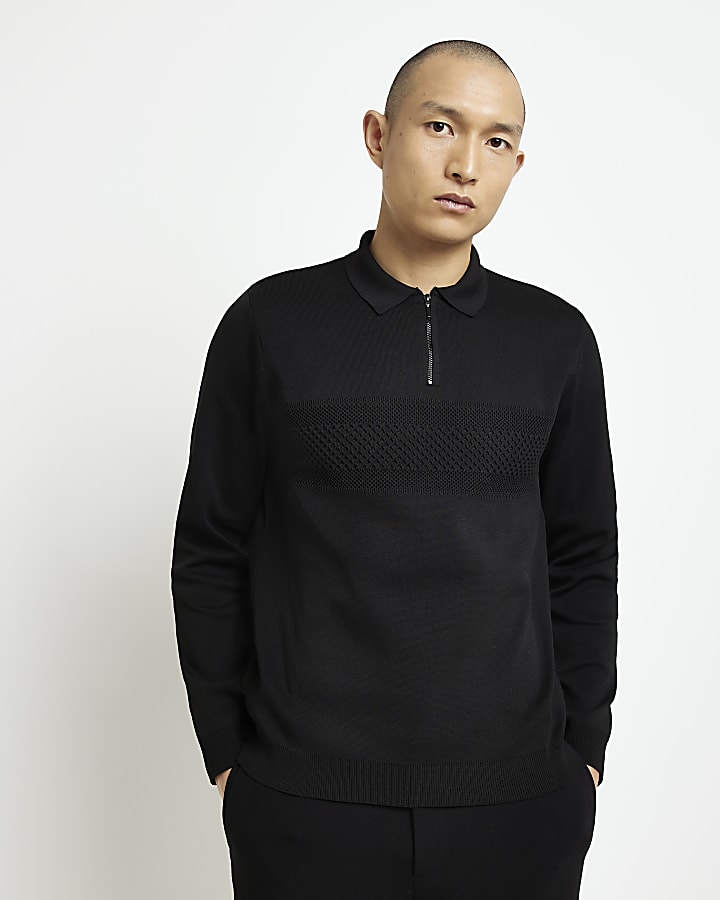 Black slim fit knitted long sleeve polo shirt