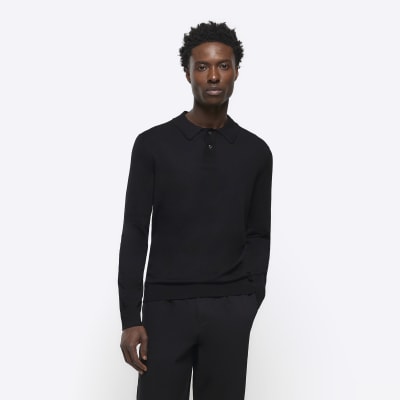 Black slim fit knitted long sleeve polo | River Island