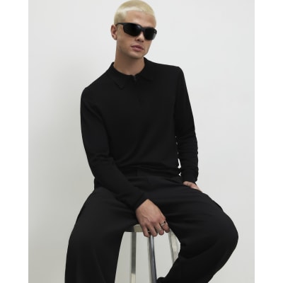 Black Slim Fit Knitted Polo Shirt