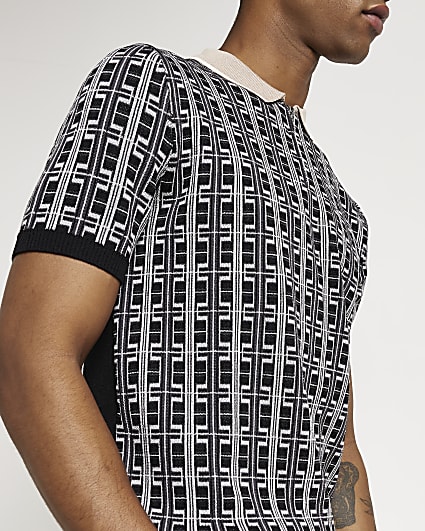 Black Slim fit knitted print Polo shirt