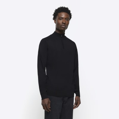 Black slim fit knitted quarter zip jumper | River Island