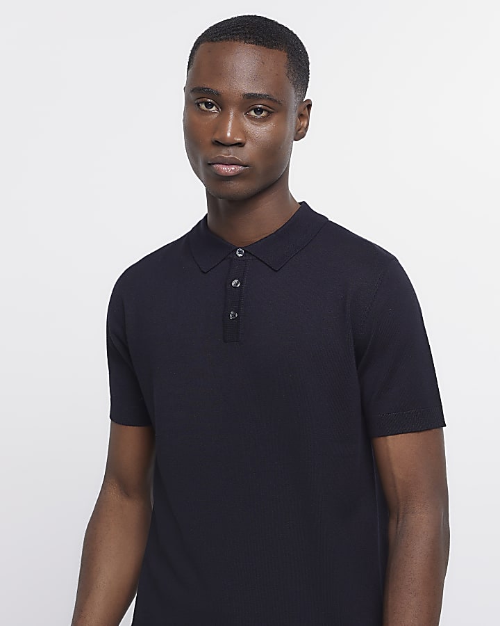 Black slim fit knitted short sleeve polo