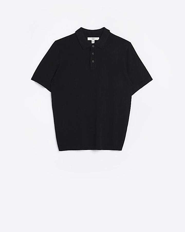 Black slim fit knitted short sleeve polo
