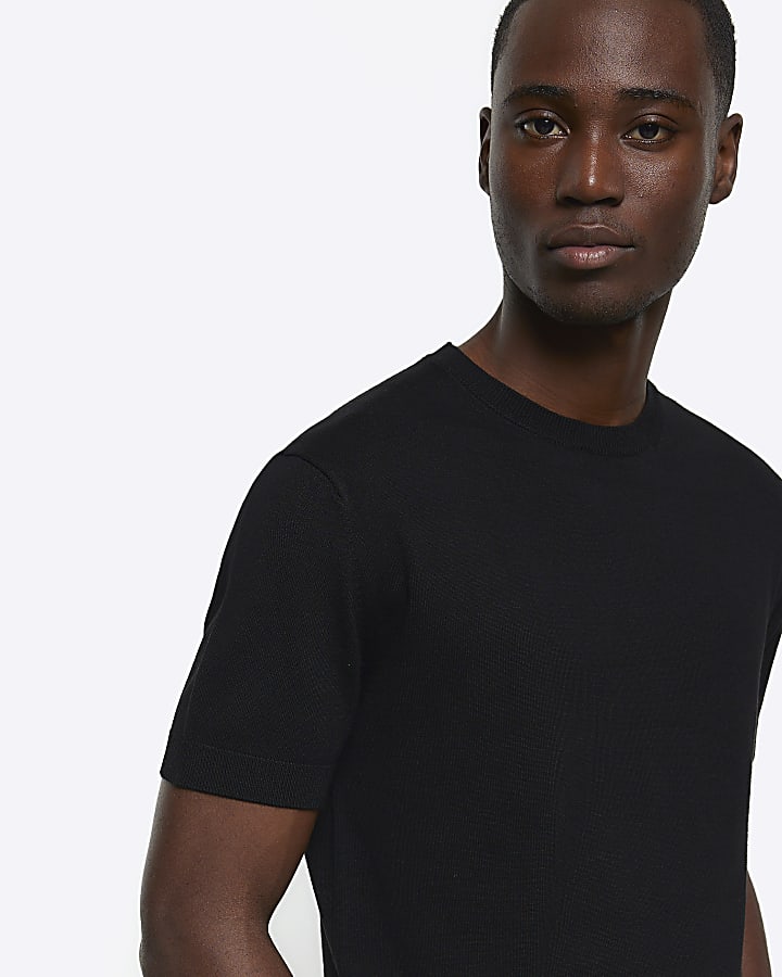 Black slim fit knitted t-shirt | River Island