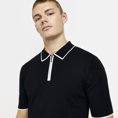 Black Slim fit knitted zip Polo shirt | River Island