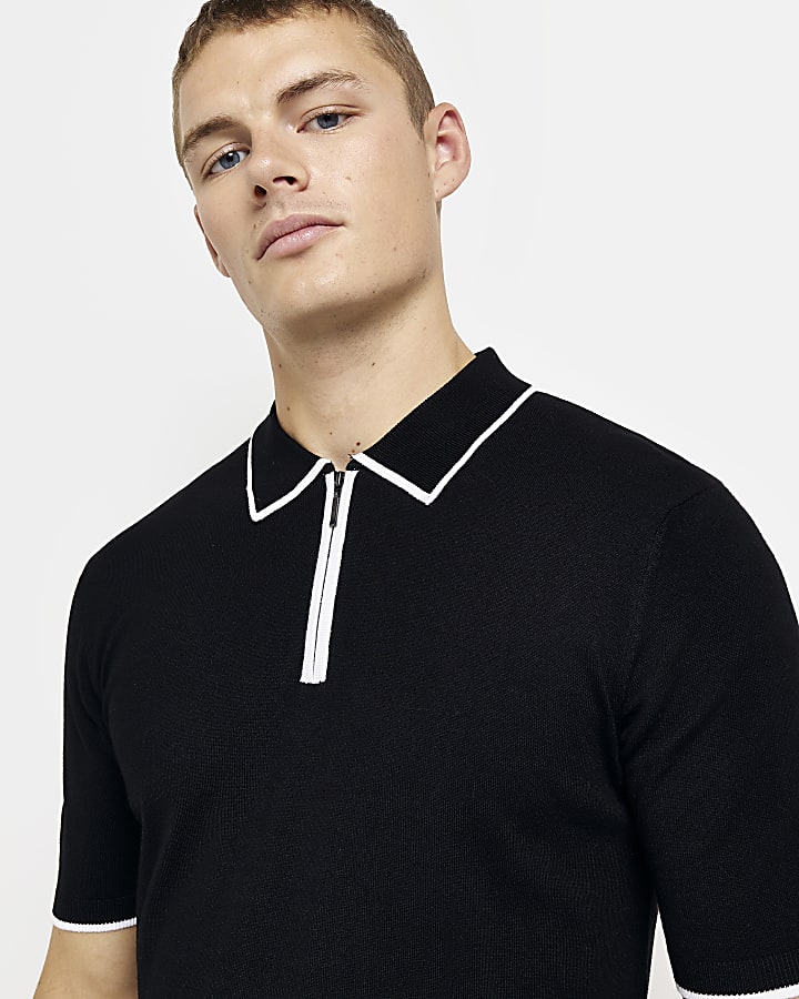 Black Slim fit knitted zip Polo shirt | River Island