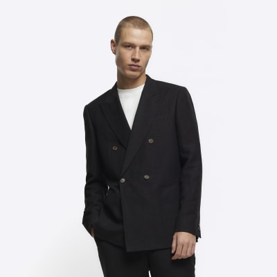 Black slim fit Linen blend blazer River Island