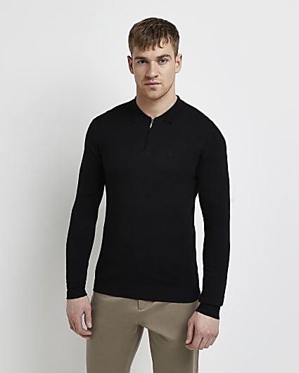 Black slim fit long sleeve knitted polo shirt