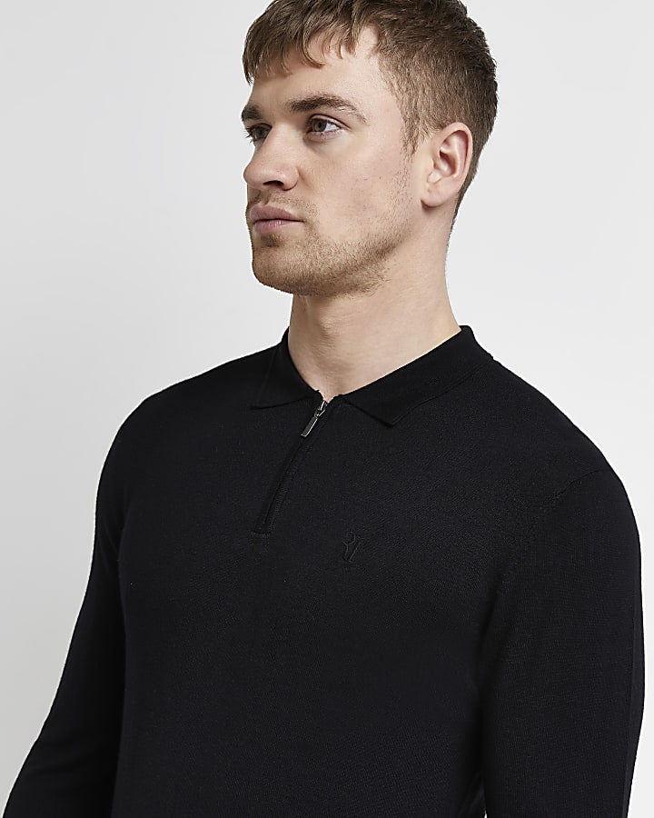 Black slim fit long sleeve polo shirt