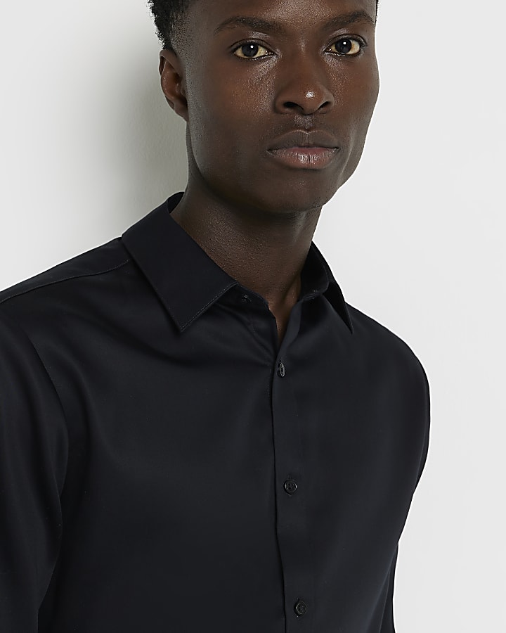 Black slim fit long sleeve smart shirt | River Island