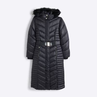 Black Slim Fit longline Padded coat River Island