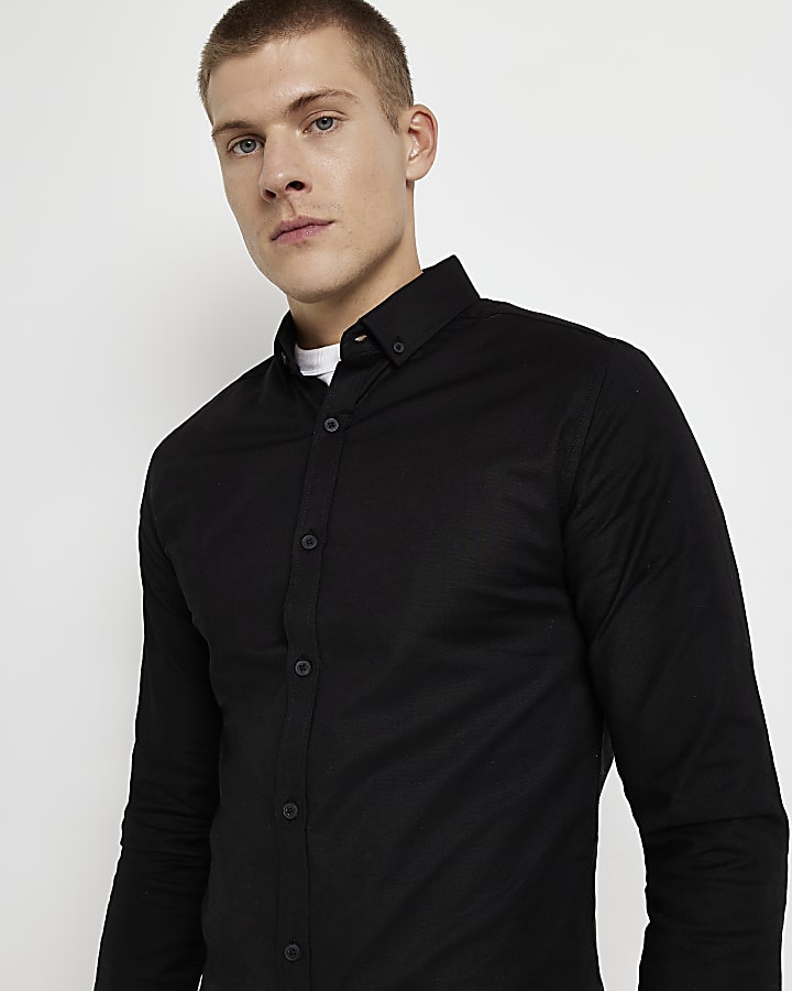 Black slim fit oxford shirt