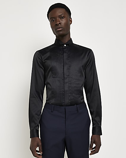 Black slim fit Pleated Front dress Shirt