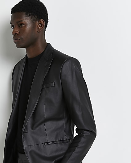 Black slim fit PU suit jacket