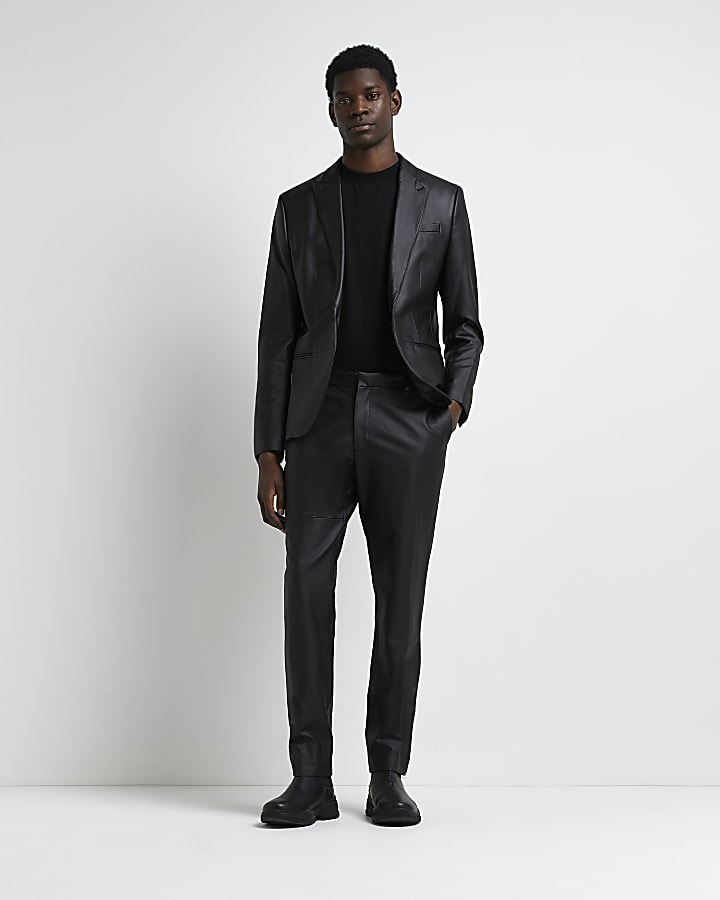 Black slim fit PU suit trousers