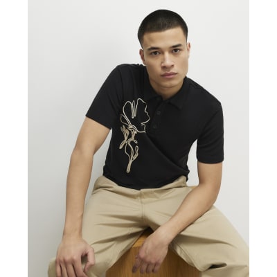 Black Slim Fit Rope Floral Polo Shirt