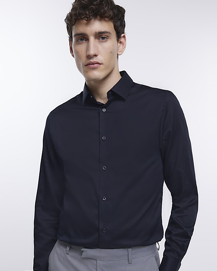 Black slim fit sateen long sleeve shirt