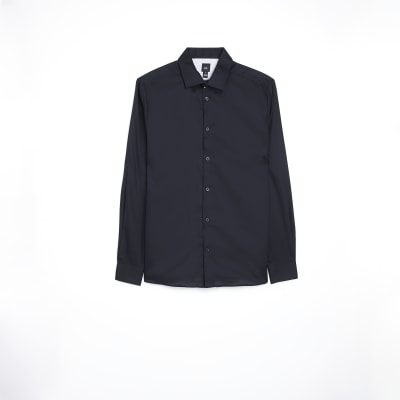 Black slim fit sateen long sleeve shirt River Island