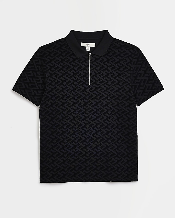 Black slim fit short sleeve geometric polo