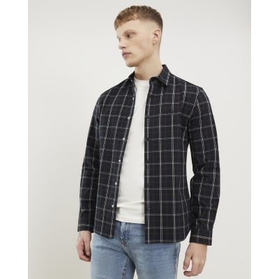 Black Slim Fit Stretch Check Shirt