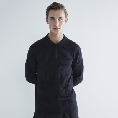 Black slim fit stretch textured knit polo | River Island