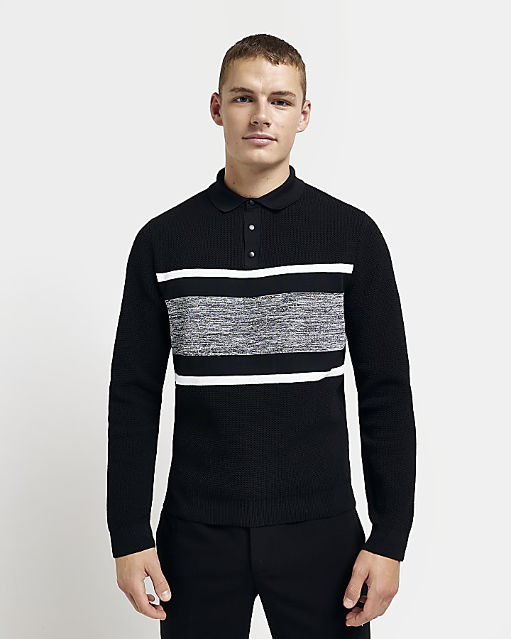 Black Slim fit Stripe Knitted Polo shirt
