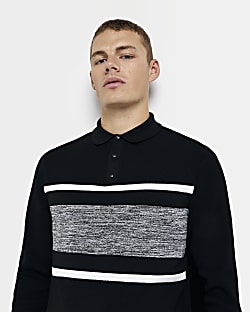 Black Slim fit Stripe Knitted Polo shirt