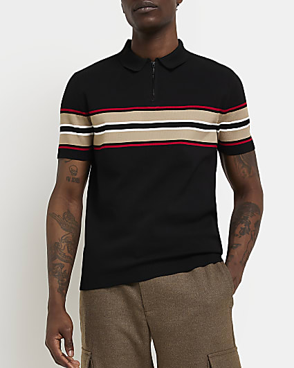 Black Slim fit Stripe knitted Polo shirt