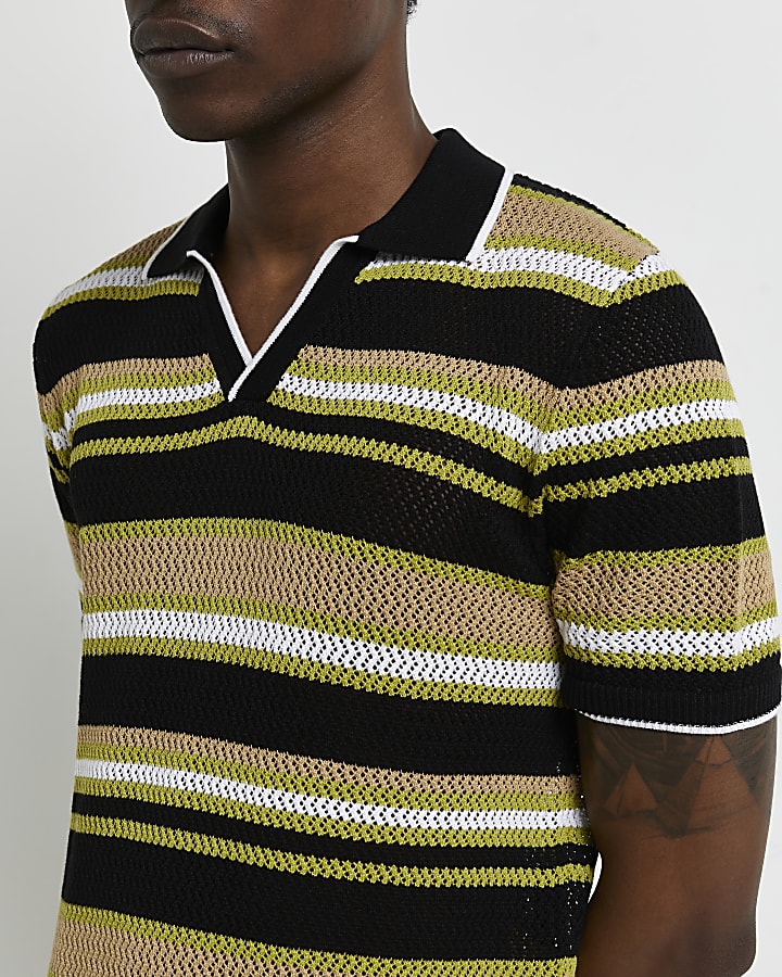Black slim fit stripe knitted polo shirt
