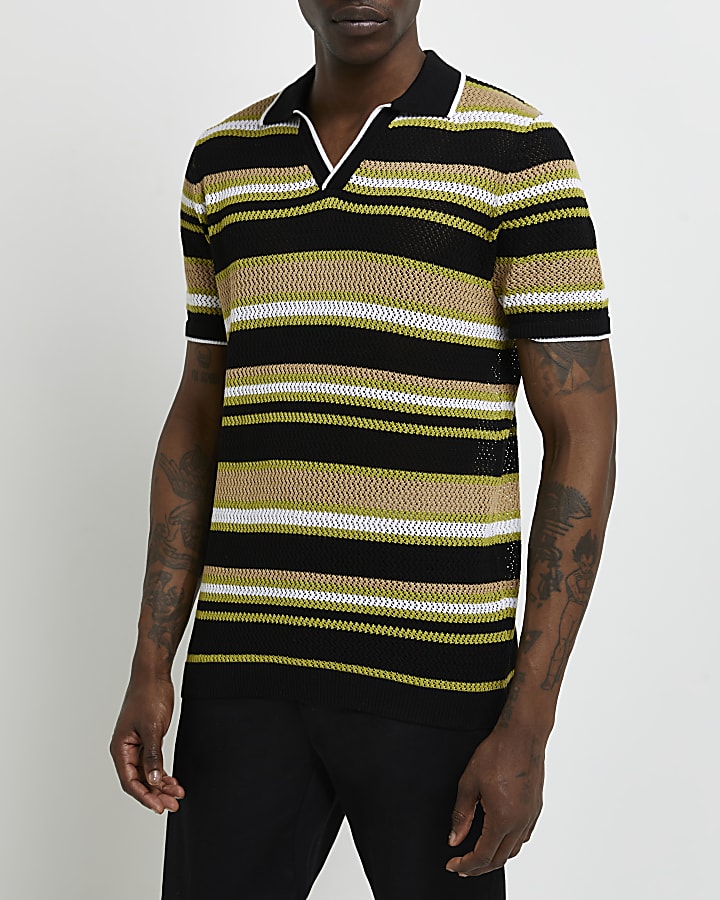 Black slim fit stripe knitted polo shirt