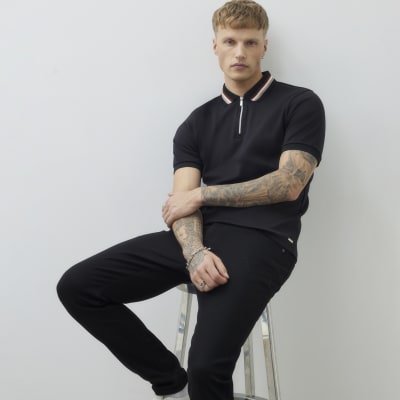 Black Slim Fit Striped Collar Polo Shirt