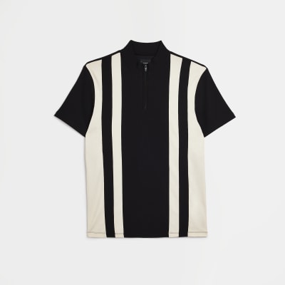 Black slim fit striped funnel polo shirt | River Island